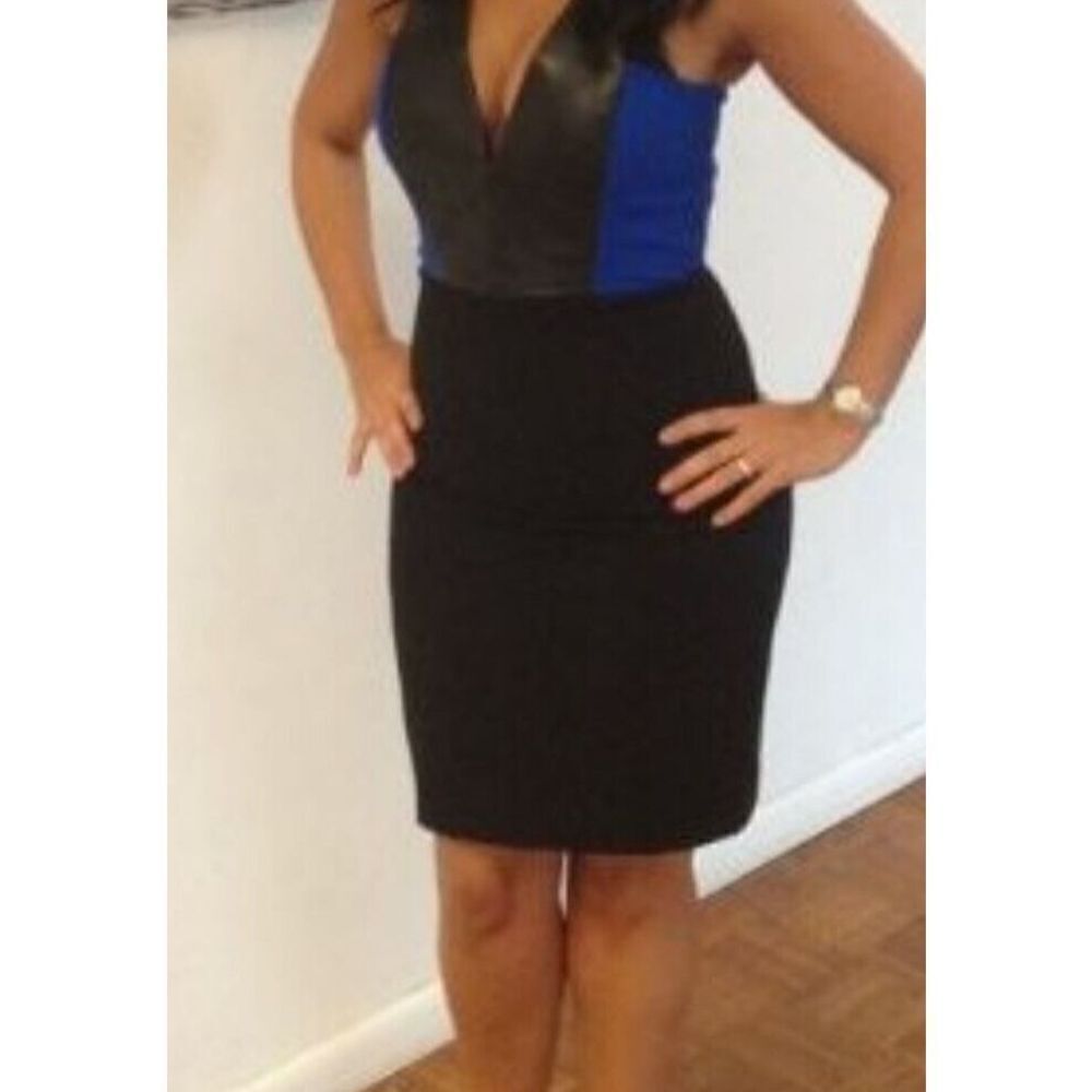 MASON by Michelle Mason Dress Size 0 Blue with Black Leather Trim Bodycon